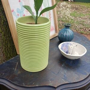 Green Ribbed Ceramic Planter